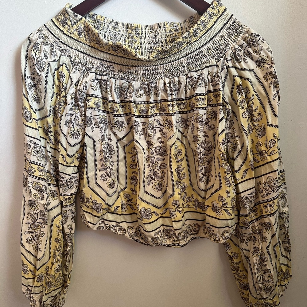 Pattern yellow off the shoulder cropped wrangler long sleeve shirt